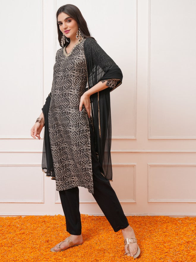 Vishudh Women Black Printed Kurta With Trouser And Dupatta - Black - Image 2