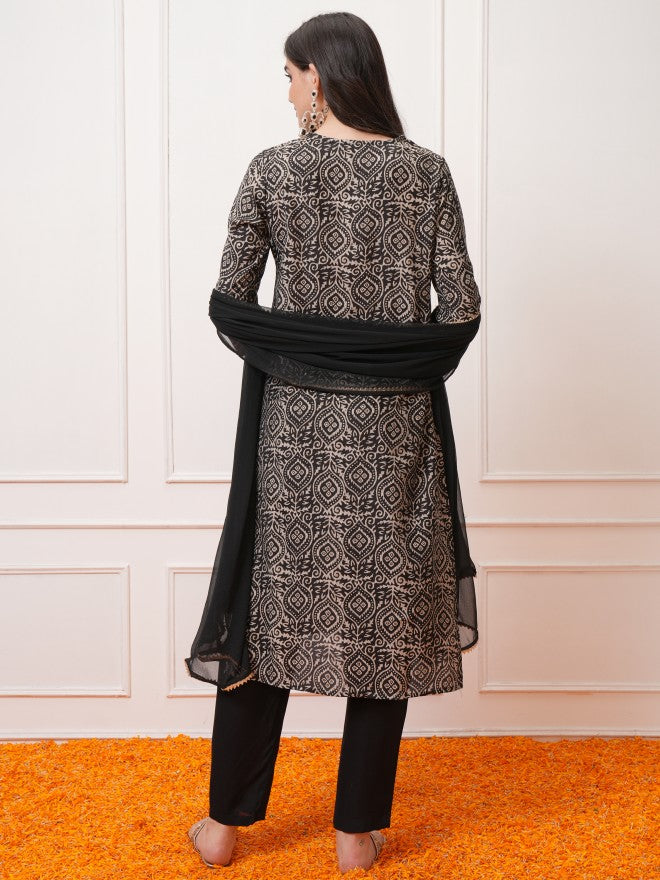 Vishudh Women Black Printed Kurta With Trouser And Dupatta - Black - Image 3