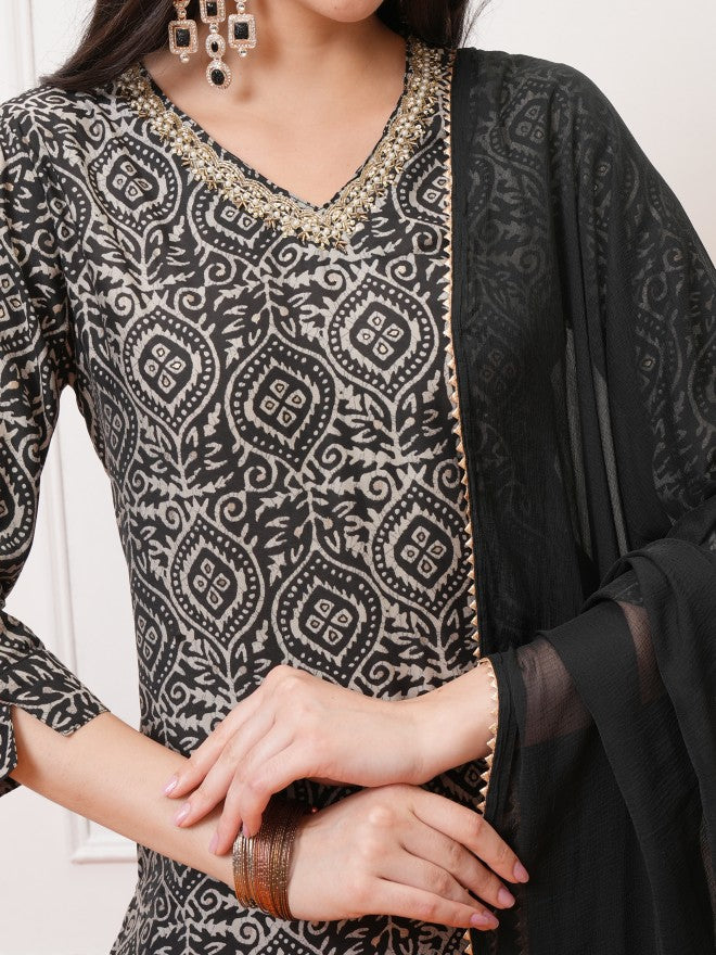 Vishudh Women Black Printed Kurta With Trouser And Dupatta - Black - Image 5