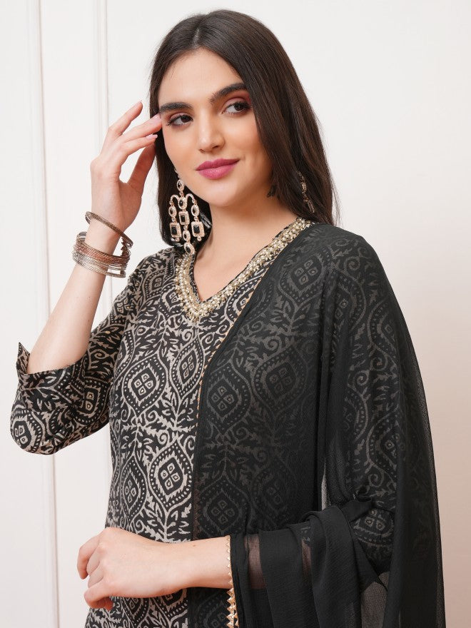 Vishudh Women Black Printed Kurta With Trouser And Dupatta - Black - Image 8