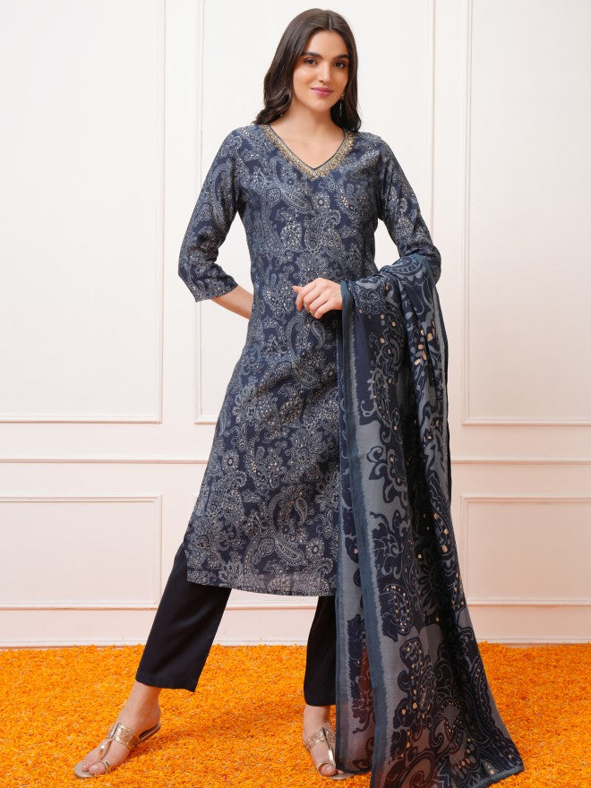 Vishudh Women Navy Blue Printed Kurta With Trouser And Dupatta - Navy Blue - Image 1