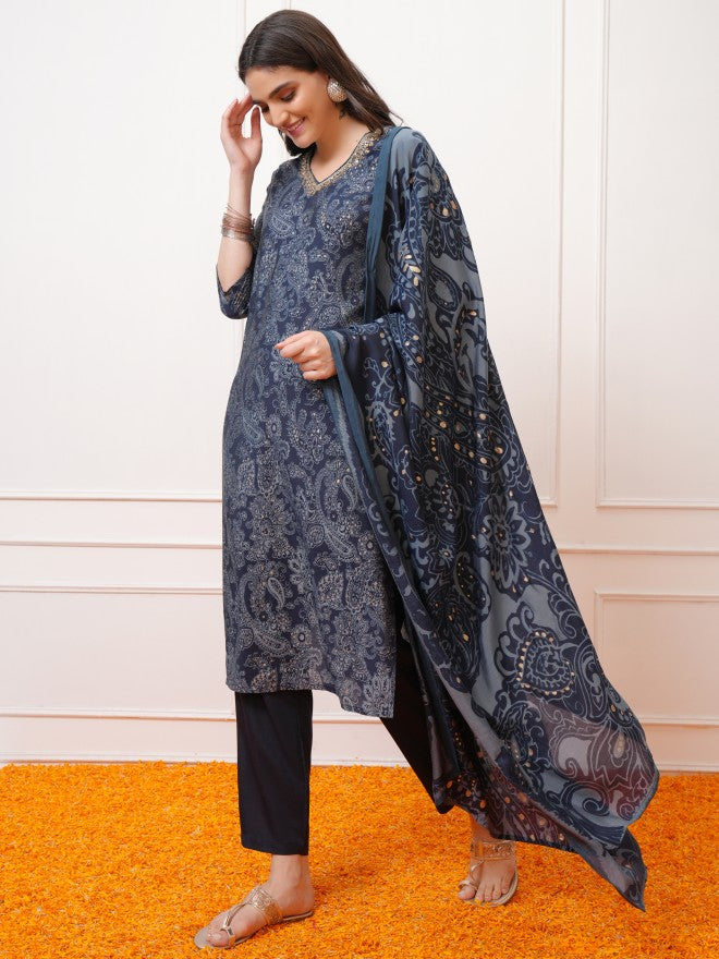 Vishudh Women Navy Blue Printed Kurta With Trouser And Dupatta - Navy Blue - Image 2
