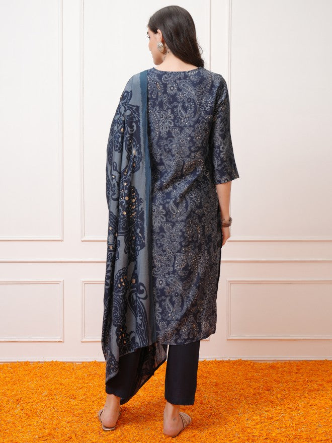 Vishudh Women Navy Blue Printed Kurta With Trouser And Dupatta - Navy Blue - Image 3