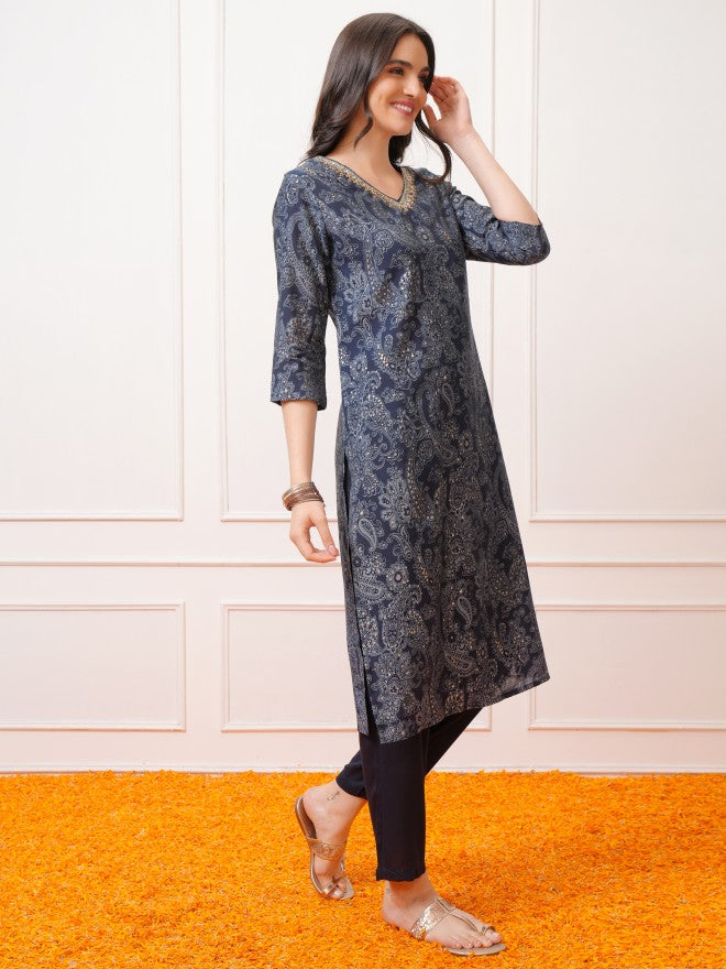 Vishudh Women Navy Blue Printed Kurta With Trouser And Dupatta - Navy Blue - Image 4