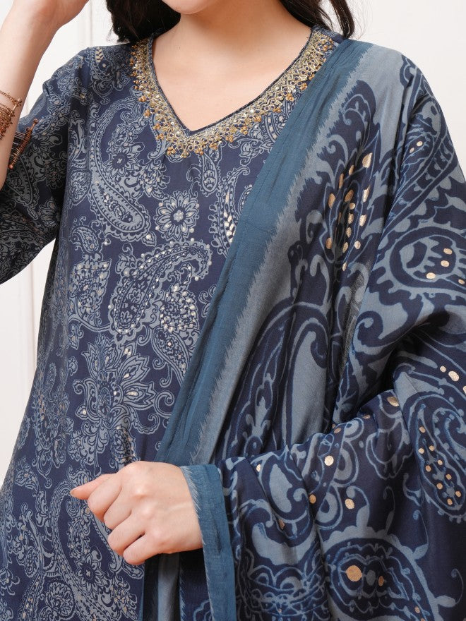 Vishudh Women Navy Blue Printed Kurta With Trouser And Dupatta - Navy Blue - Image 5