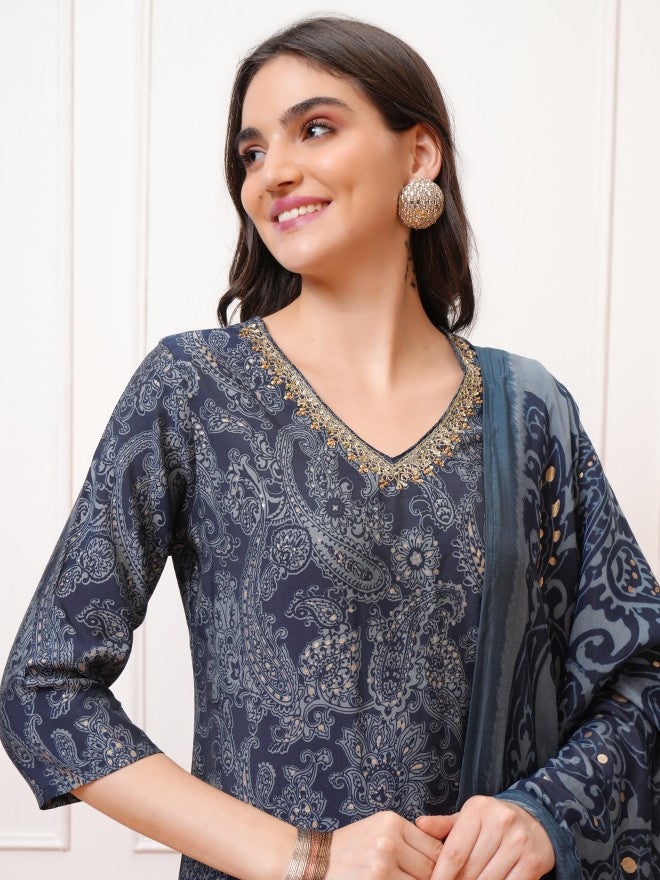 Vishudh Women Navy Blue Printed Kurta With Trouser And Dupatta - Navy Blue - Image 8