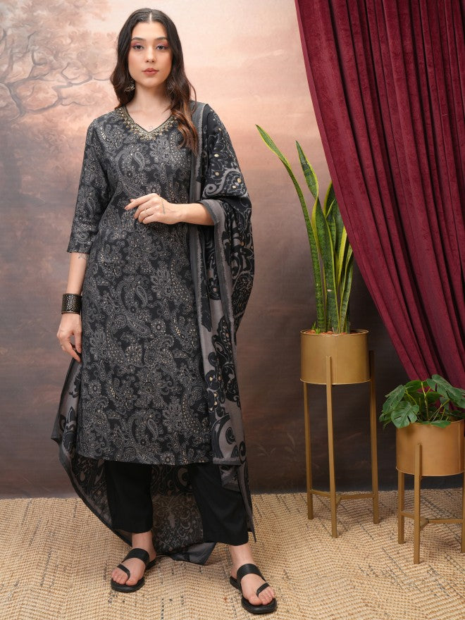 Vishudh Women Black Printed Kurta With Trouser And Dupatta - Black - Image 1
