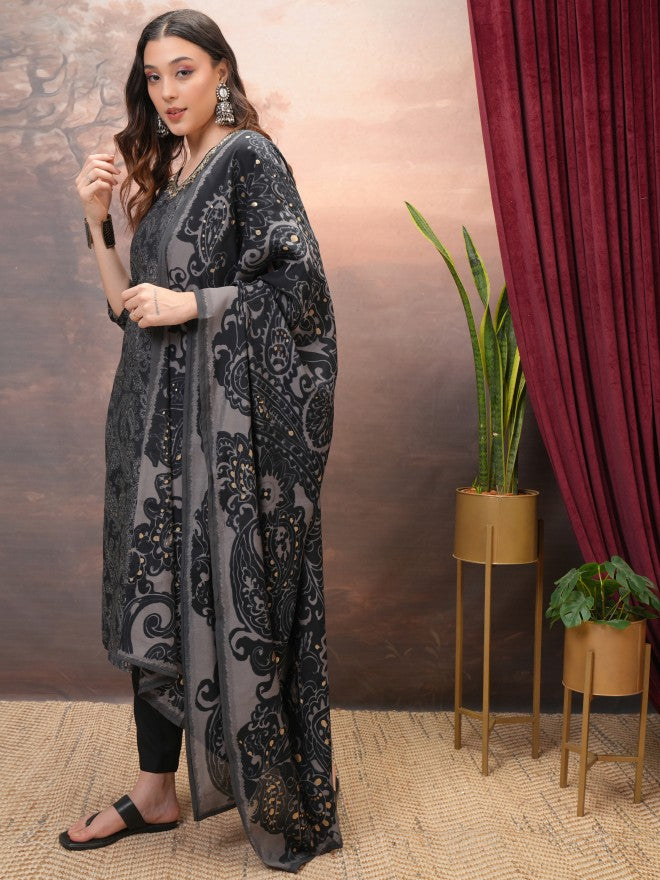 Vishudh Women Black Printed Kurta With Trouser And Dupatta - Black - Image 2