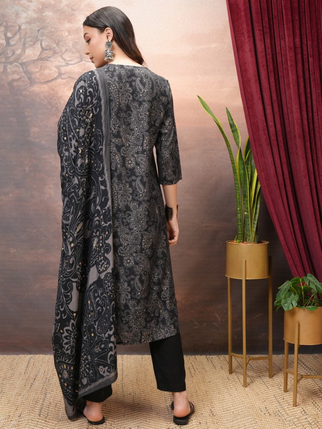 Vishudh Women Black Printed Kurta With Trouser And Dupatta - Black - Image 3