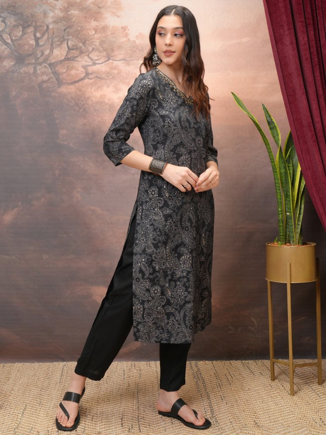Vishudh Women Black Printed Kurta With Trouser And Dupatta - Black - Image 4