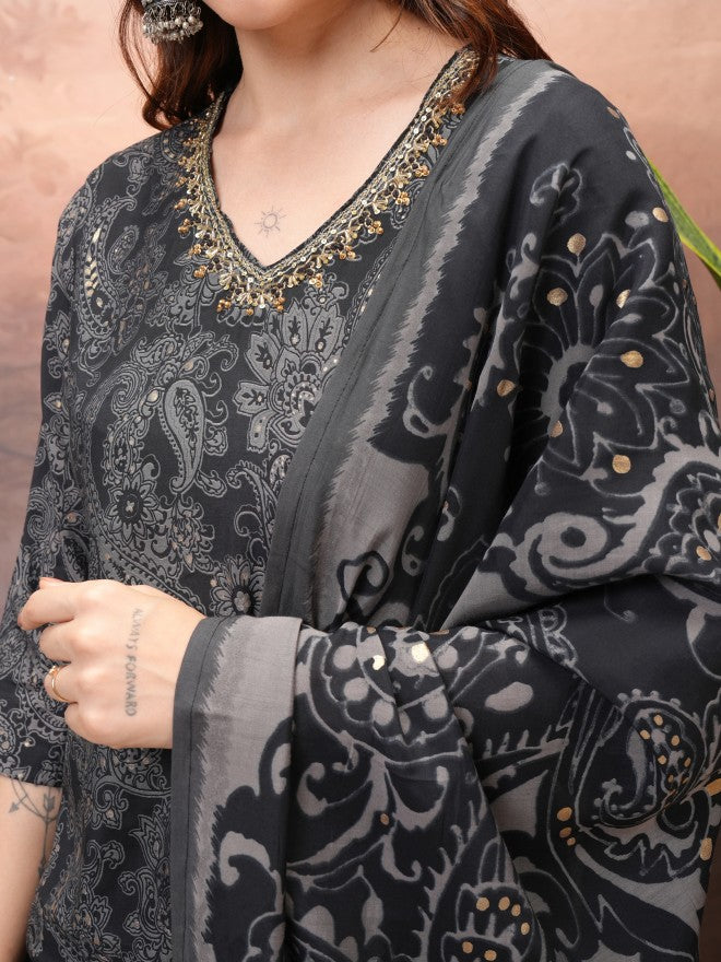 Vishudh Women Black Printed Kurta With Trouser And Dupatta - Black - Image 5