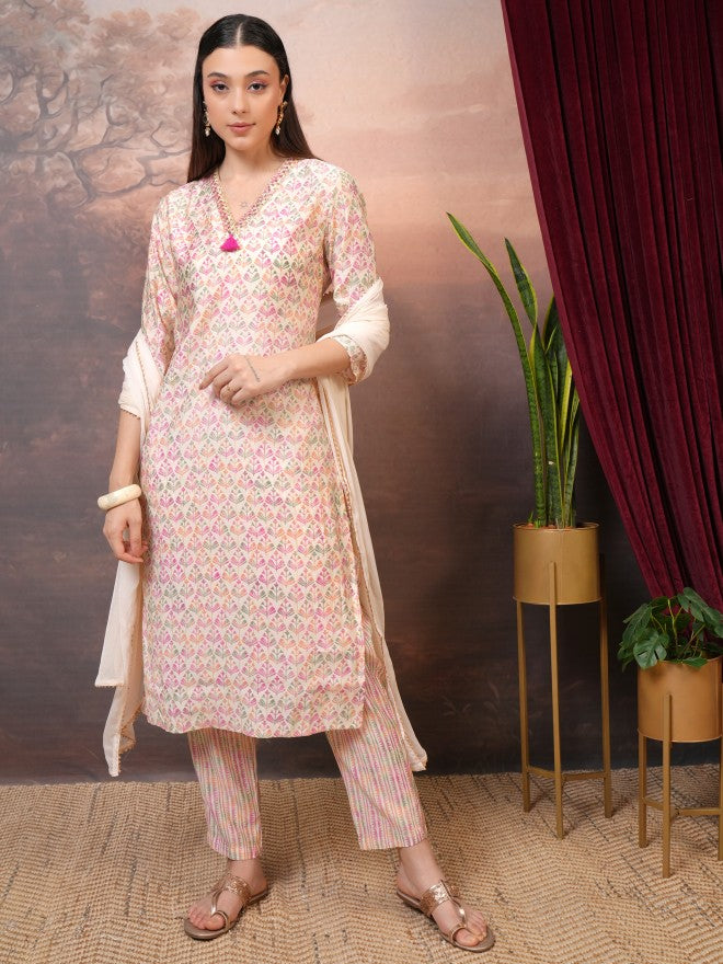 Vishudh Women Cream Printed Kurta With Trouser And Dupatta - Cream - Image 1