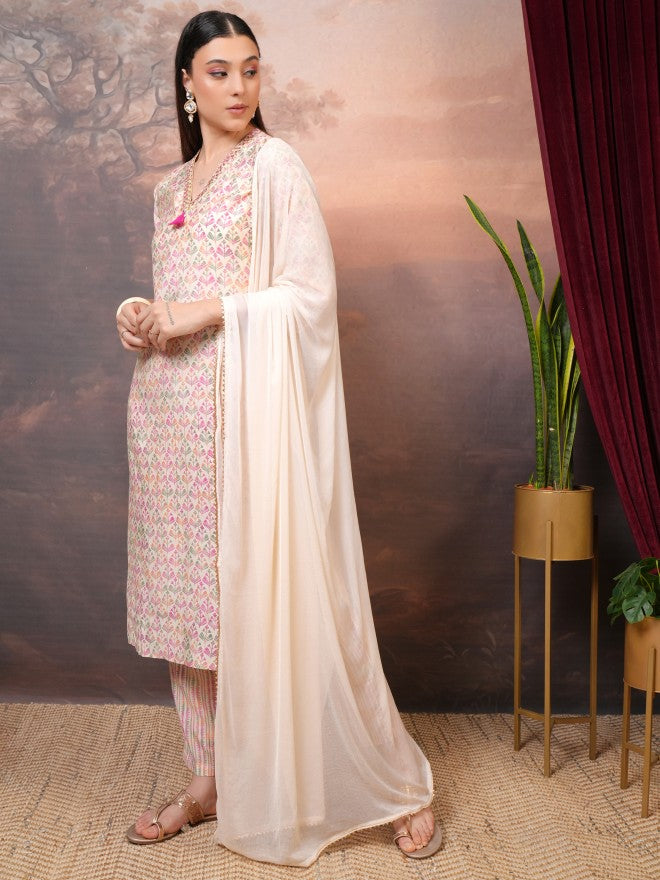 Vishudh Women Cream Printed Kurta With Trouser And Dupatta - Cream - Image 2