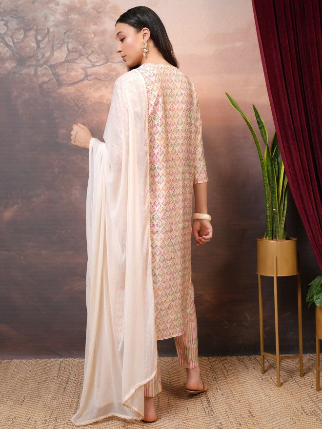 Vishudh Women Cream Printed Kurta With Trouser And Dupatta - Cream - Image 3