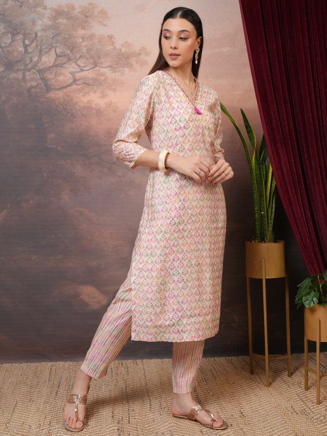 Vishudh Women Cream Printed Kurta With Trouser And Dupatta - Cream - Image 4