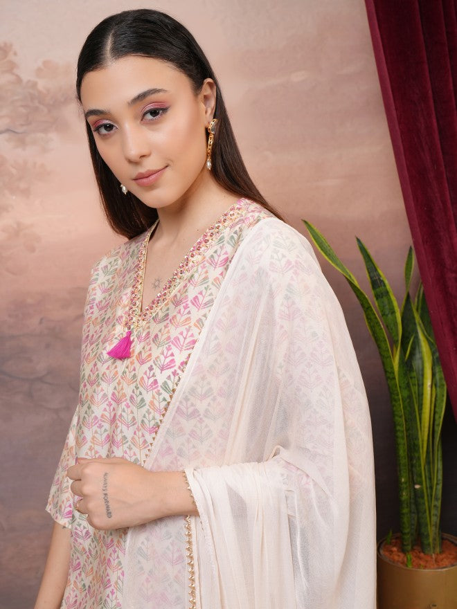 Vishudh Women Cream Printed Kurta With Trouser And Dupatta - Cream - Image 8