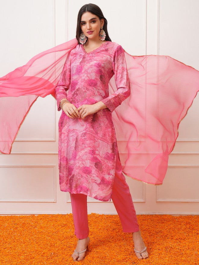 Vishudh Women Pink Printed Kurta With Trouser And Dupatta - Pink - Image 1