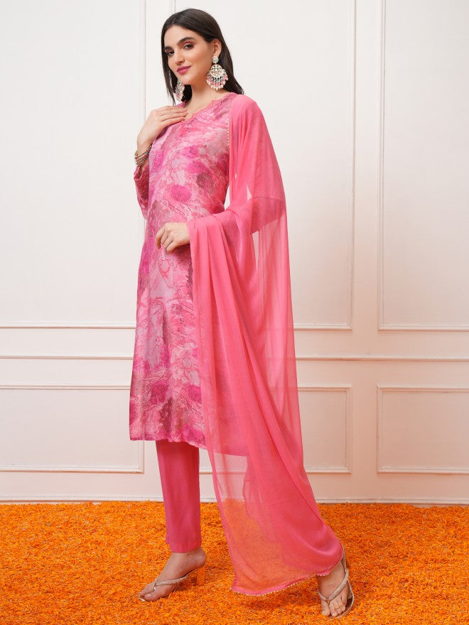 Vishudh Women Pink Printed Kurta With Trouser And Dupatta - Pink - Image 2