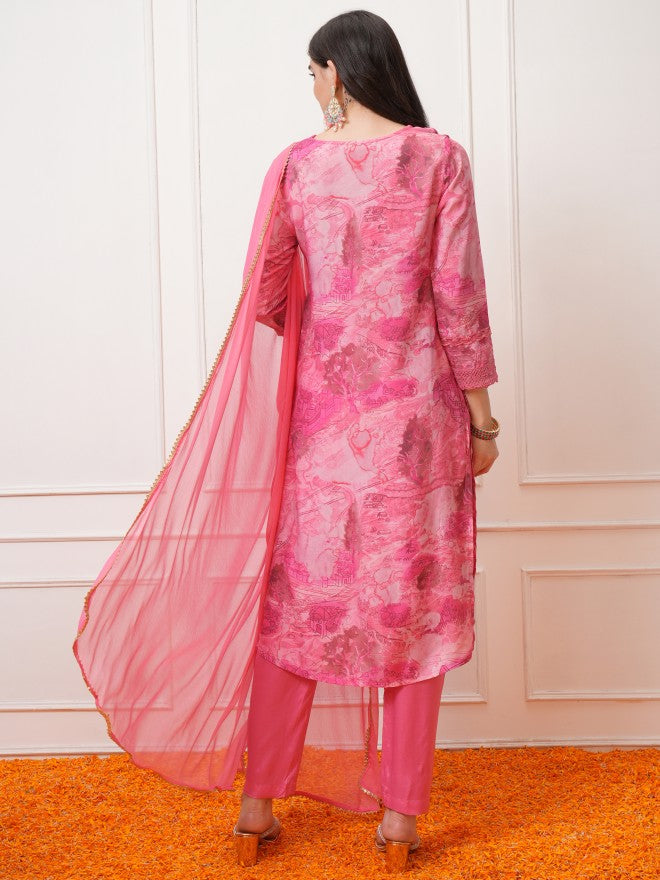 Vishudh Women Pink Printed Kurta With Trouser And Dupatta - Pink - Image 3