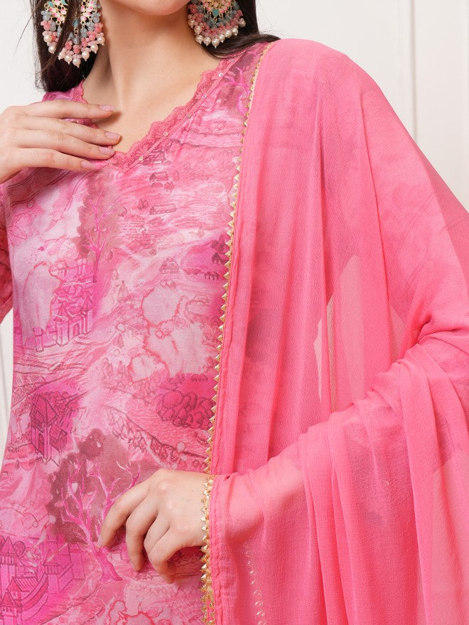 Vishudh Women Pink Printed Kurta With Trouser And Dupatta - Pink - Image 5
