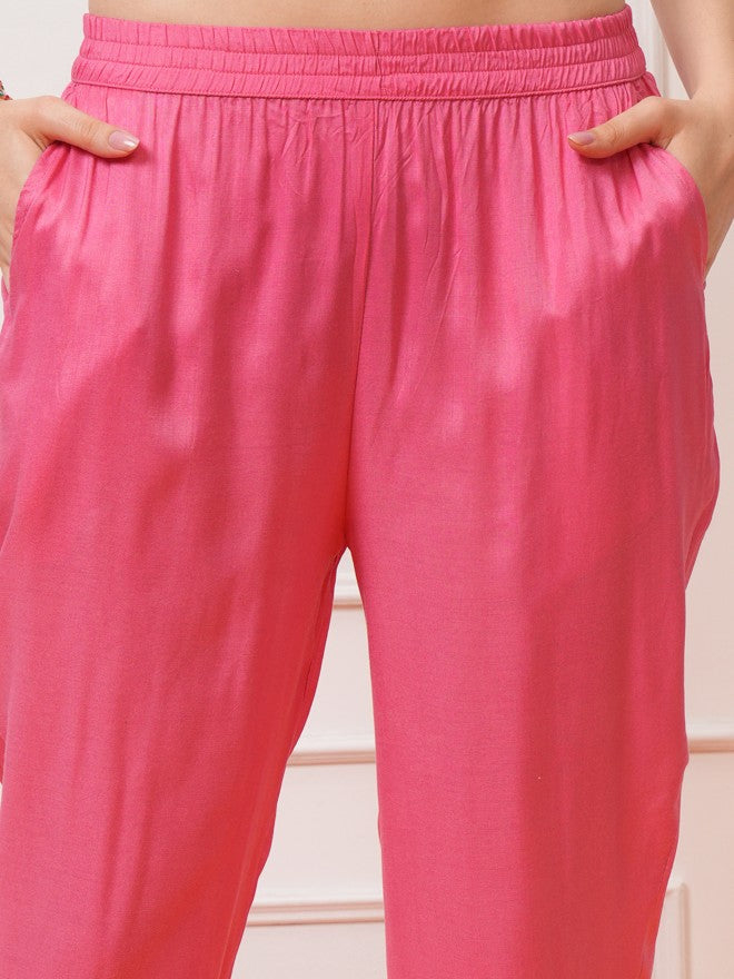 Vishudh Women Pink Printed Kurta With Trouser And Dupatta - Pink - Image 6