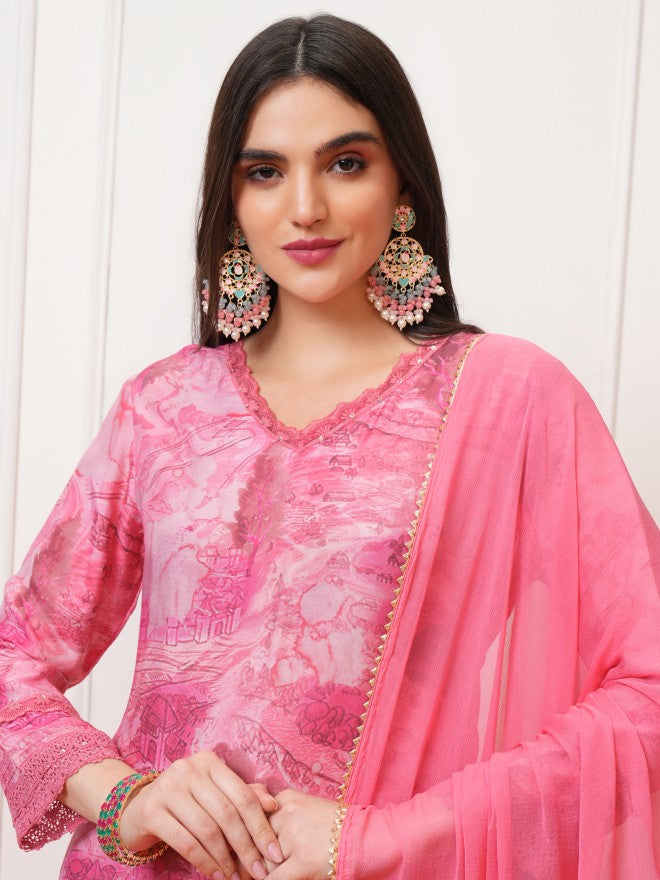 Vishudh Women Pink Printed Kurta With Trouser And Dupatta - Pink - Image 8