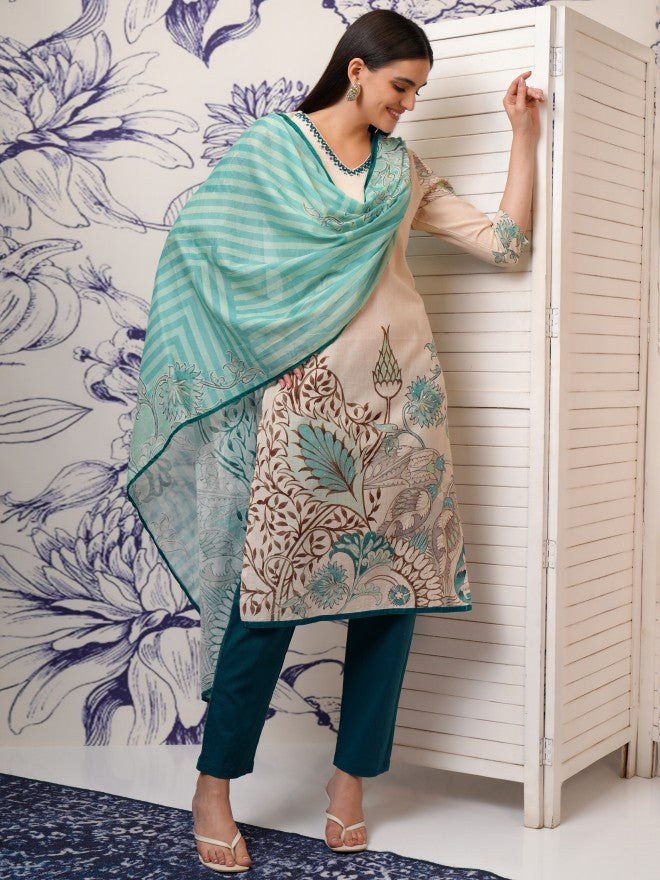 Vishudh Women Beige Printed Kurta With Trouser And Dupatta - Beige - Image 1