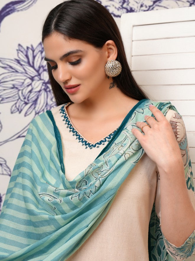 Vishudh Women Beige Printed Kurta With Trouser And Dupatta - Beige - Image 2