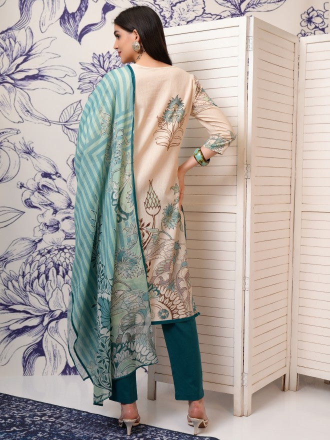 Vishudh Women Beige Printed Kurta With Trouser And Dupatta - Beige - Image 3