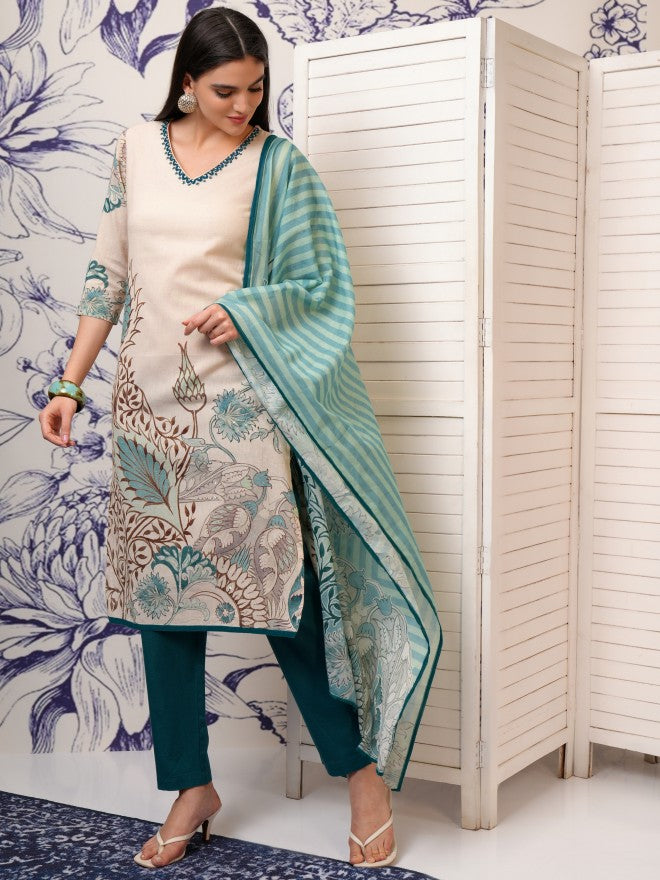 Vishudh Women Beige Printed Kurta With Trouser And Dupatta - Beige - Image 4