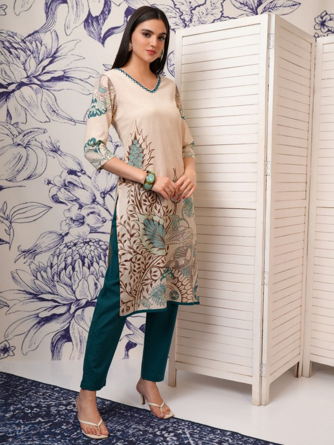 Vishudh Women Beige Printed Kurta With Trouser And Dupatta - Beige - Image 6