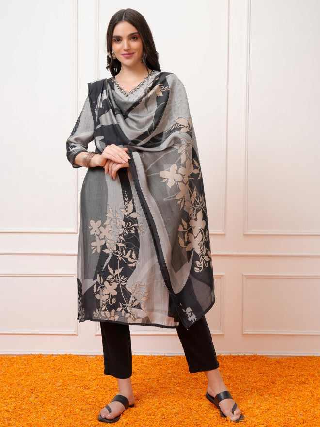 Vishudh Women Grey Printed Kurta With Trouser And Dupatta - Grey - Image 1