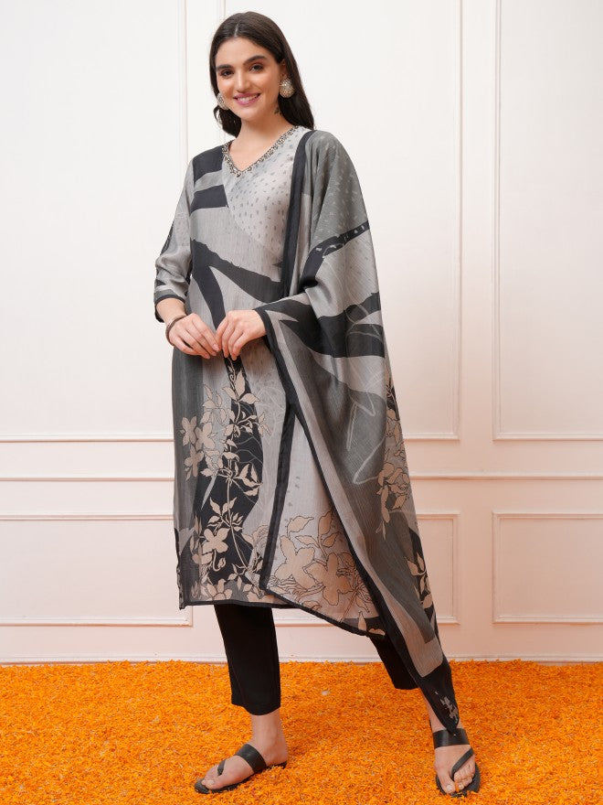 Vishudh Women Grey Printed Kurta With Trouser And Dupatta - Grey - Image 2