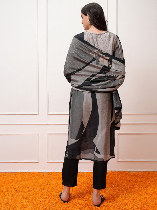 Vishudh Women Grey Printed Kurta With Trouser And Dupatta - Grey - Image 3