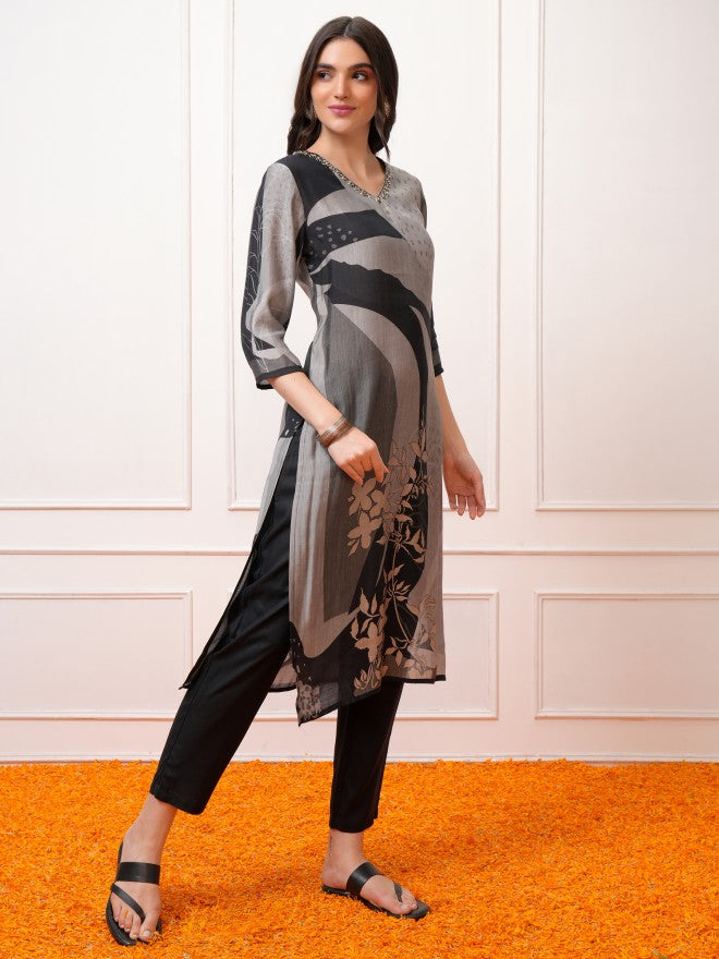 Vishudh Women Grey Printed Kurta With Trouser And Dupatta - Grey - Image 4