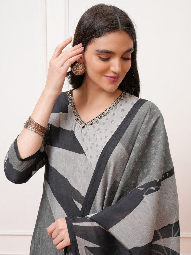 Vishudh Women Grey Printed Kurta With Trouser And Dupatta - Grey - Image 8