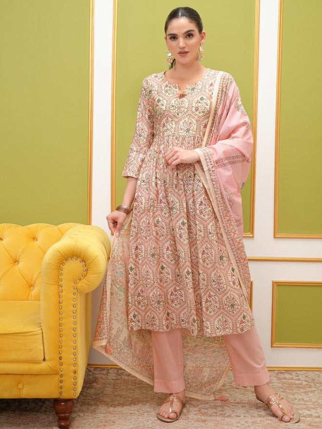 Vishudh Women Pink Printed Kurta With Trouser And Dupatta - Pink - Image 1