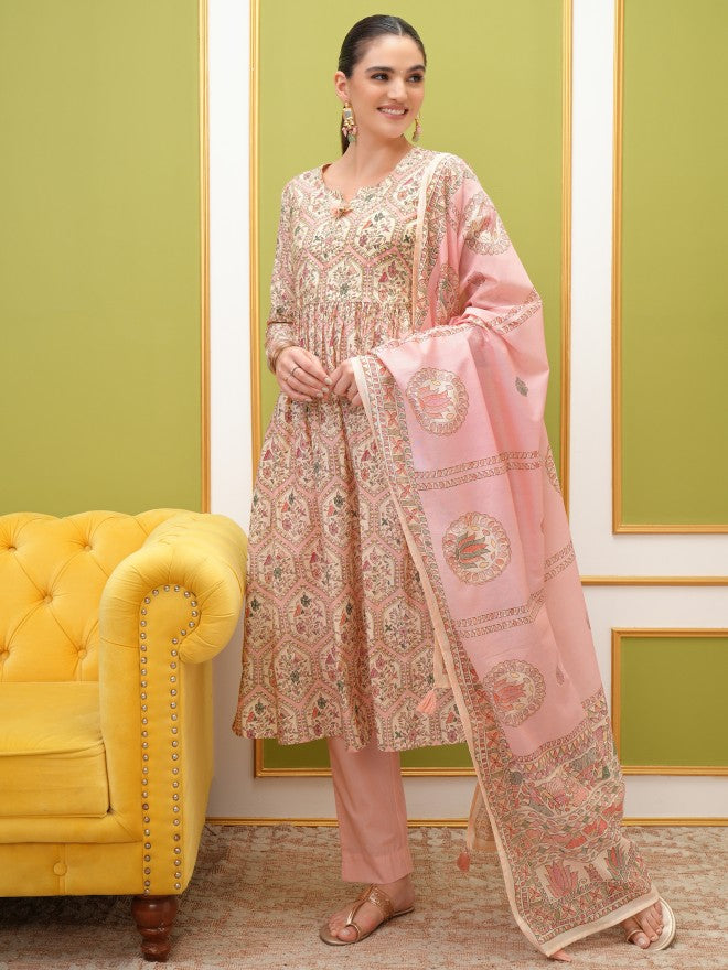 Vishudh Women Pink Printed Kurta With Trouser And Dupatta - Pink - Image 2