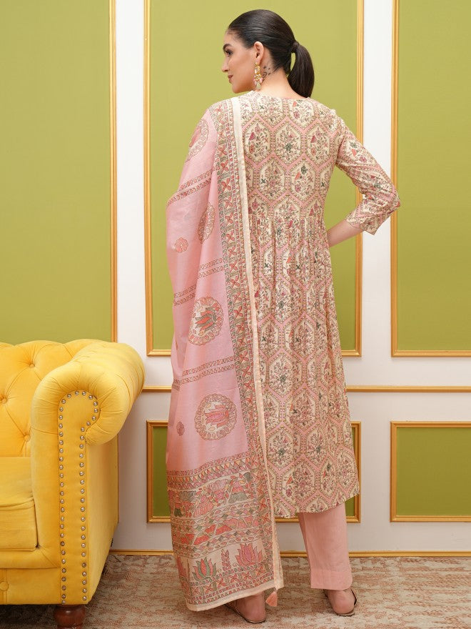 Vishudh Women Pink Printed Kurta With Trouser And Dupatta - Pink - Image 3