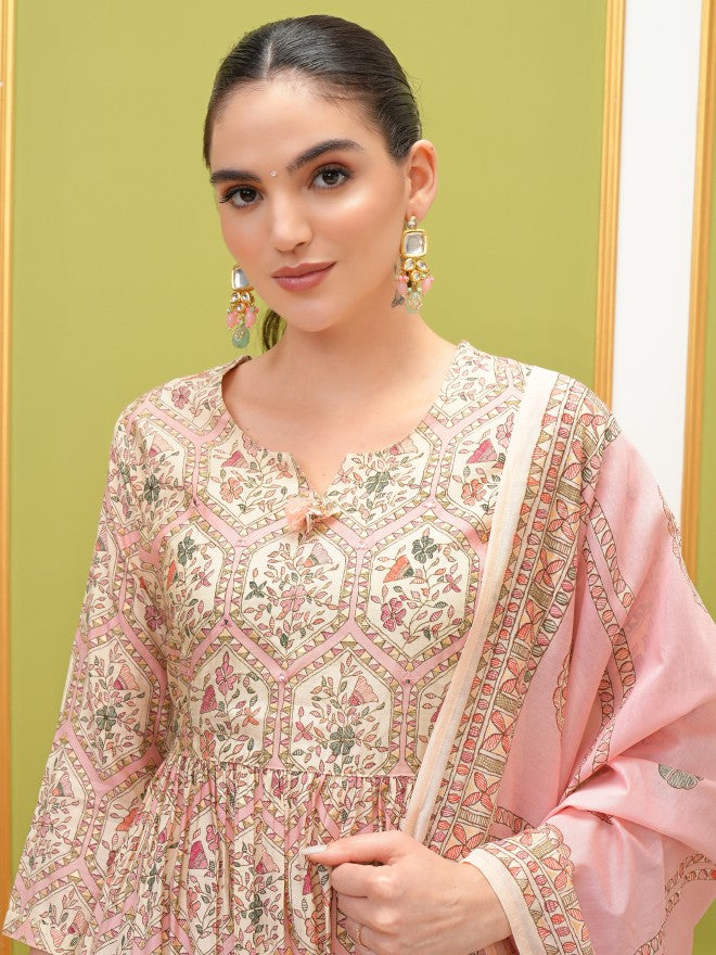 Vishudh Women Pink Printed Kurta With Trouser And Dupatta - Pink - Image 8