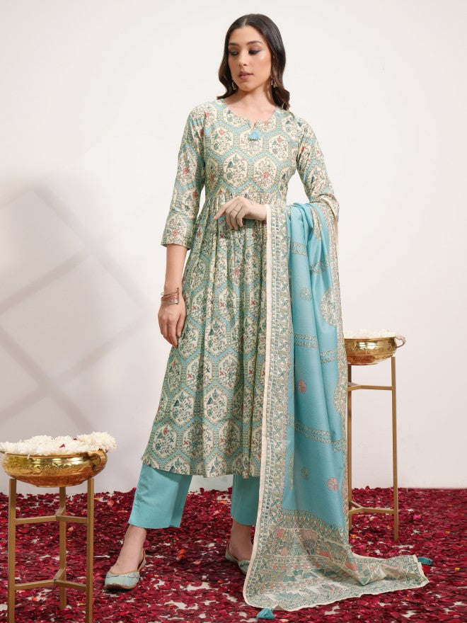 Vishudh Women Blue Printed Kurta With Trouser And Dupatta - Blue - Image 1