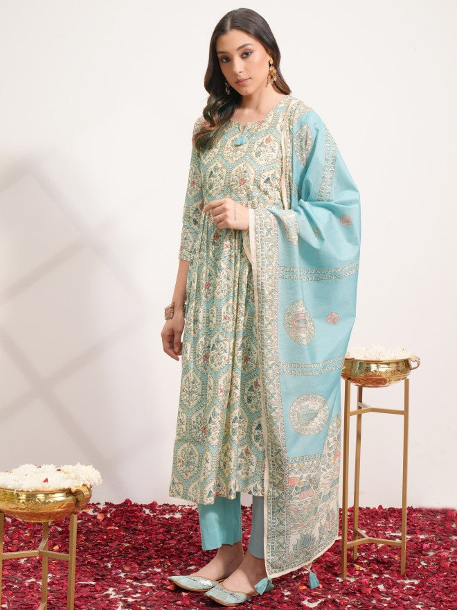 Vishudh Women Blue Printed Kurta With Trouser And Dupatta - Blue - Image 2