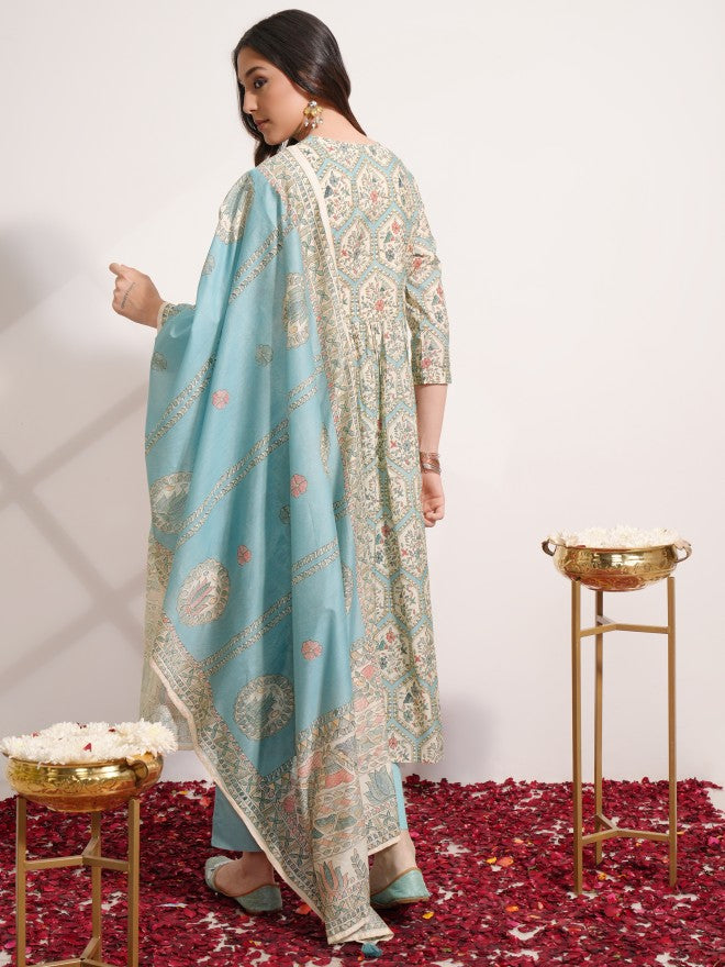 Vishudh Women Blue Printed Kurta With Trouser And Dupatta - Blue - Image 3