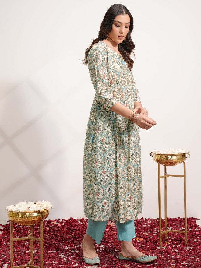 Vishudh Women Blue Printed Kurta With Trouser And Dupatta - Blue - Image 4