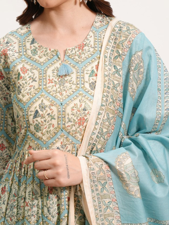 Vishudh Women Blue Printed Kurta With Trouser And Dupatta - Blue - Image 5