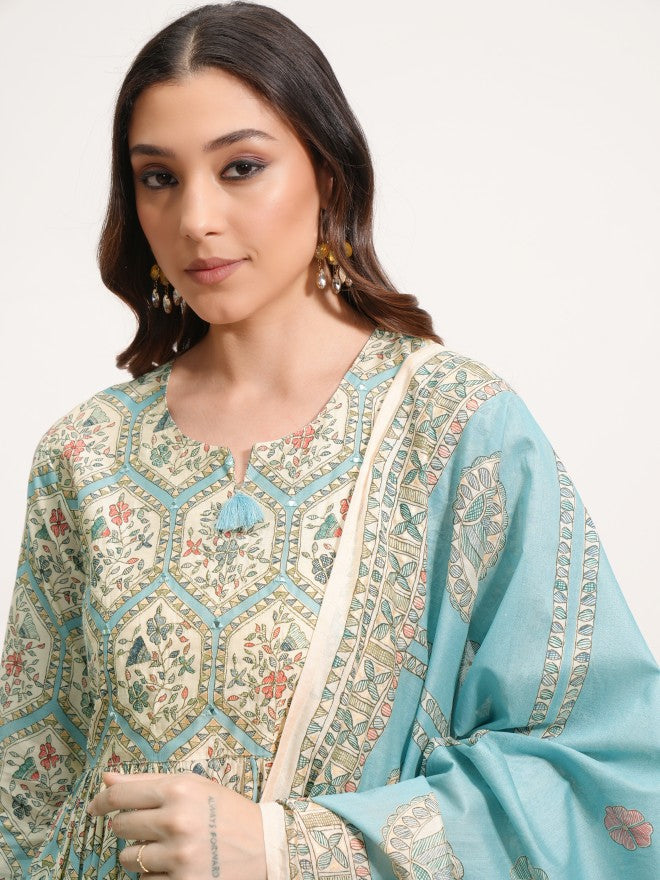 Vishudh Women Blue Printed Kurta With Trouser And Dupatta - Blue - Image 8