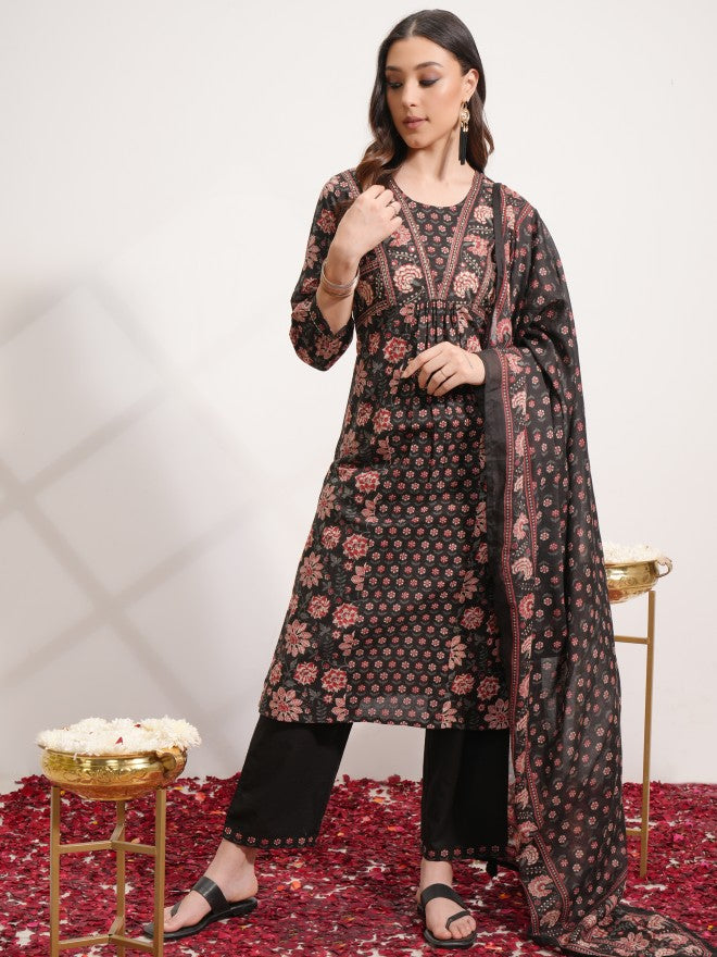 Vishudh Women Black Printed Kurta With Trouser And Dupatta - Black - Image 1