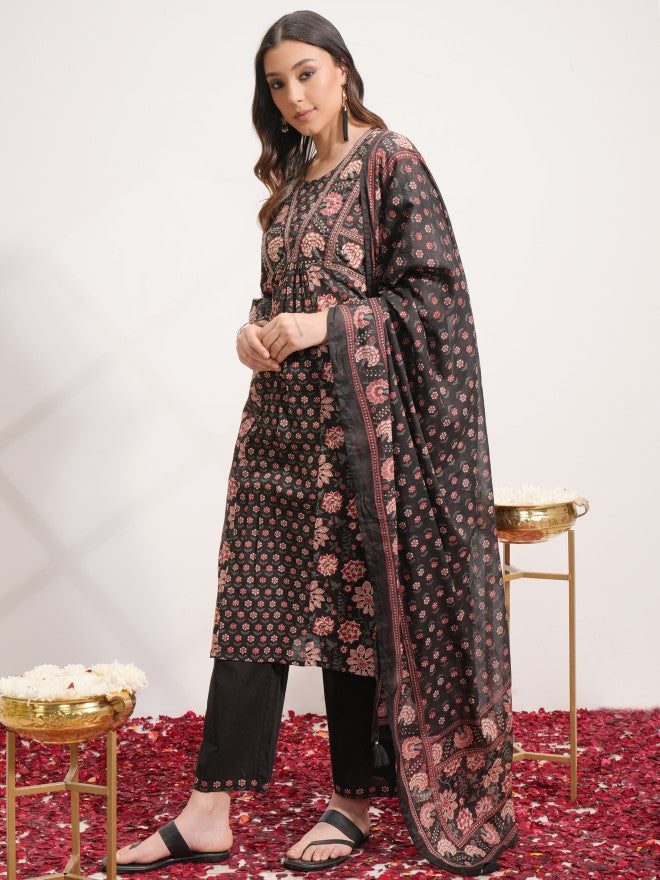 Vishudh Women Black Printed Kurta With Trouser And Dupatta - Black - Image 2