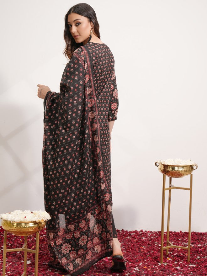 Vishudh Women Black Printed Kurta With Trouser And Dupatta - Black - Image 3