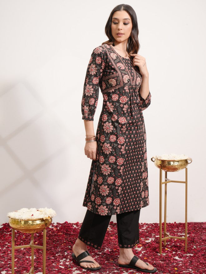 Vishudh Women Black Printed Kurta With Trouser And Dupatta - Black - Image 4